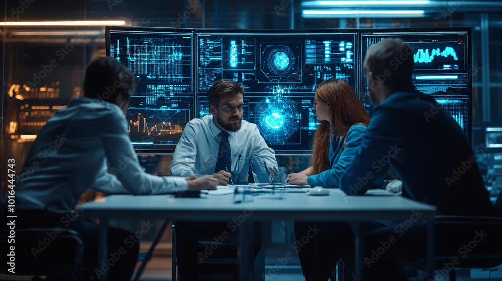 A team of four professionals working on a project, analyzing data on screens in a dark office. A team of four professionals working on a project, analyzing data on screens in a dark office.