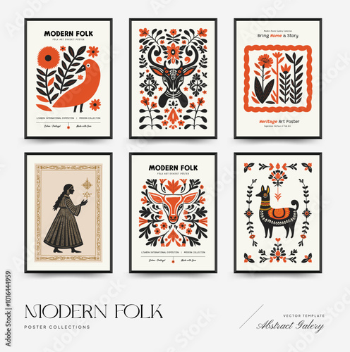 Abstract folk nordic art posters template. Modern trendy minimal style. Hand drawn design for wallpaper, wall decor, print, postcard, cover, template, banner.
