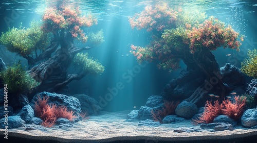 a captivating nature aquarium illustration,underwater plants driftwood and rock showcasing a harmonious aquascape design.stock image photo