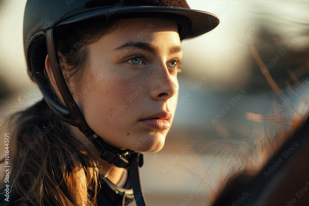 Generative AI illustration, equestrian sports lesson training, young person man woman kid learning to ride a horse Generative AI illustration, equestrian sports lesson training, young person man woman kid learning to ride a horse