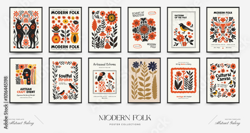 Abstract folk nordic art posters template. Modern trendy minimal style. Hand drawn design for wallpaper, wall decor, print, postcard, cover, template, banner.