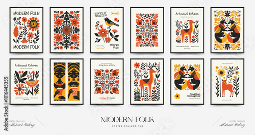 Abstract folk nordic art posters template. Modern trendy minimal style. Hand drawn design for wallpaper, wall decor, print, postcard, cover, template, banner.