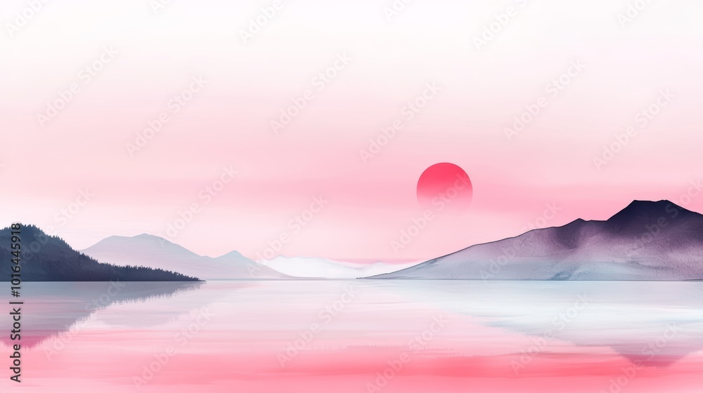A traditional Japanese-style landscape of mountains and a tranquil lake, with soft, muted colors and gentle ink strokes, evoking the timeless beauty of nature in its purest form.