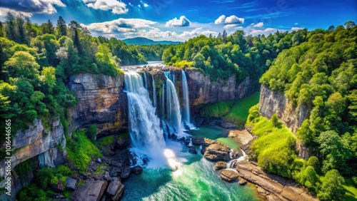 Water flows majestically over rocky cliffs, framed by lush greenery and bathed in the warm glow of a clear blue sky above.