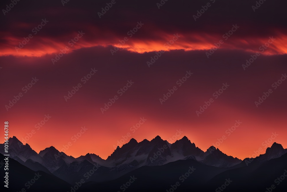 Obraz premium A range of mountains in silhouette with a deep red and orange glowing sky, Ai Generated