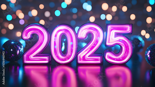 2025 neon glowing text, happy new year 2025, new year celebration, AI Generative