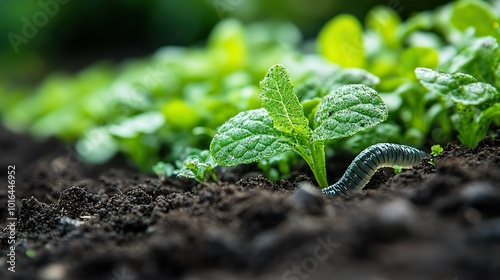 a close up view of fertile soil rich in organic matter showcasing the principles of regenerative agriculture,a live earthworm aiding in soil health and sustainability.stock image