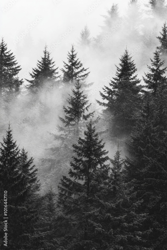 Fototapeta premium Black and white style of misty pine trees in a foggy forest, with a simple composition