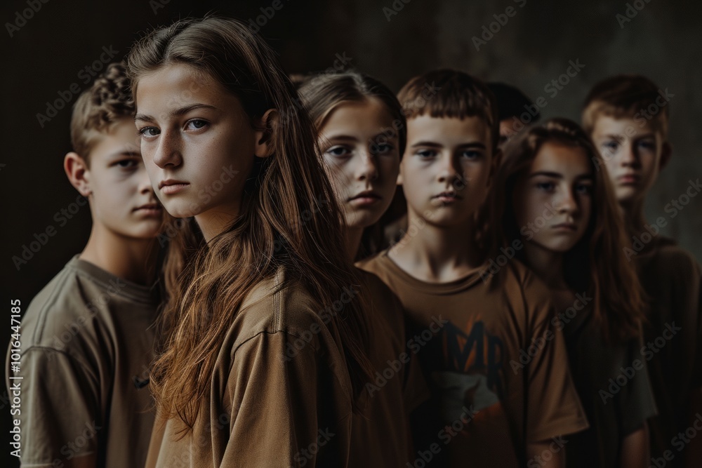 Portrait of a group of teenagers standing together and looking at the camera Portrait of a group of teenagers standing together and looking at the camera