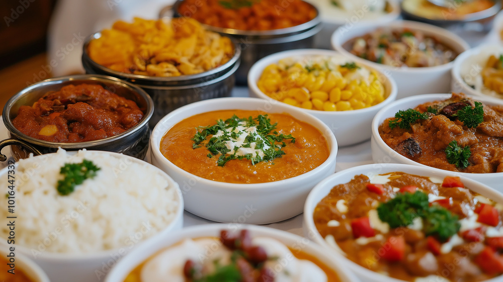 Variety of dishes from different cultures on a table representing gastronomic diversity. Generative AI. Variety of dishes from different cultures on a table representing gastronomic diversity. Generative AI.