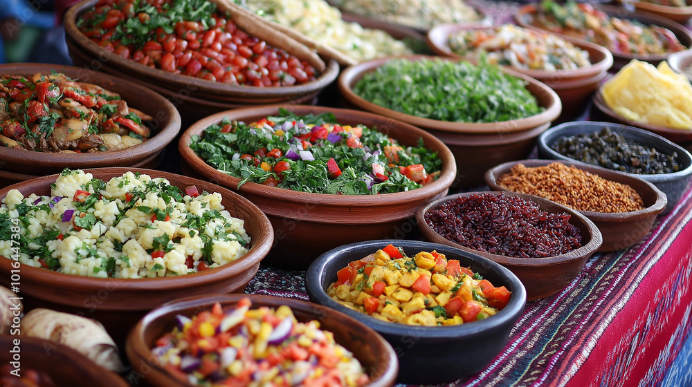 Variety of dishes from different cultures on a table representing gastronomic diversity. Generative AI. Variety of dishes from different cultures on a table representing gastronomic diversity. Generative AI.
