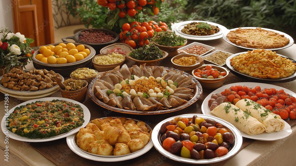 Variety of dishes from different cultures on a table representing gastronomic diversity. Generative AI. Variety of dishes from different cultures on a table representing gastronomic diversity. Generative AI.
