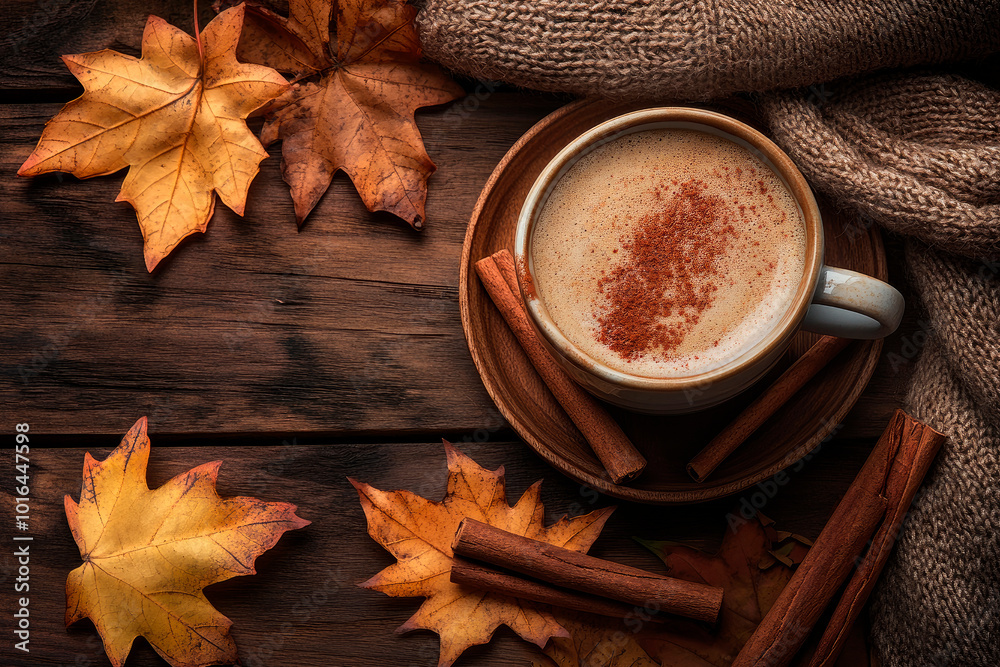 A cup of hot coffee with cinnamon sticks and autumn leaves on the table. Autumn mood, autumn atmosphere. A cup of hot coffee with cinnamon sticks and autumn leaves on the table. Autumn mood, autumn atmosphere.