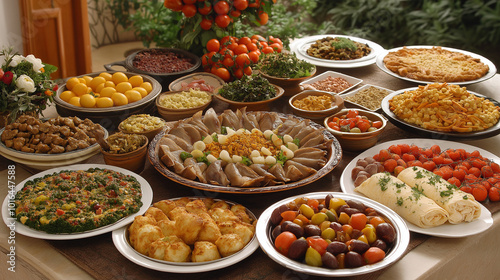 Variety of dishes from different cultures on a table representing gastronomic diversity. Generative AI.