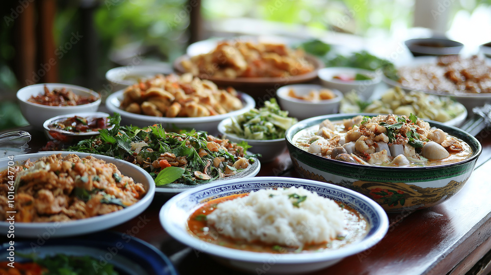 Variety of dishes from different cultures on a table representing gastronomic diversity. Generative AI. Variety of dishes from different cultures on a table representing gastronomic diversity. Generative AI.