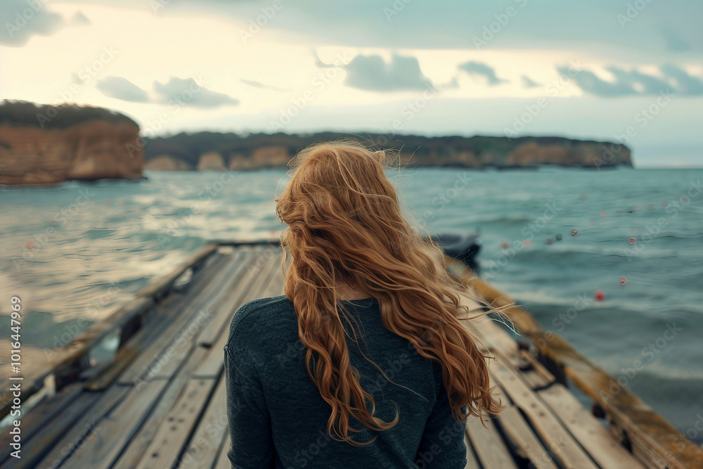 A young woman on a wooden pier generative AI concept A young woman on a wooden pier generative AI concept