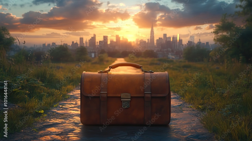 a conceptual image illustrating a professionals journey through the corporate landscape featuring a briefcase a winding road leading to a city skyline and symbolic obstacles and milestones a conceptual image illustrating a professionals journey through the corporate landscape featuring a briefcase a winding road leading to a city skyline and symbolic obstacles and milestones