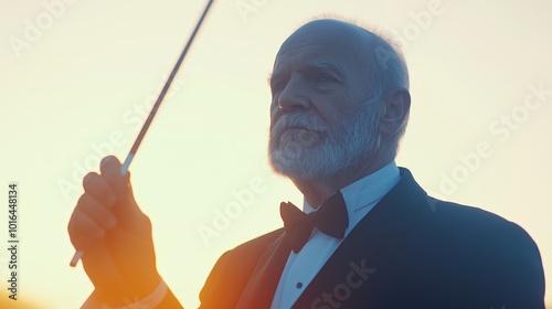 Eleganter älterer Mann im Smoking dirigiert bei Sonnenuntergang - Musik- und Kunstkonzept photo