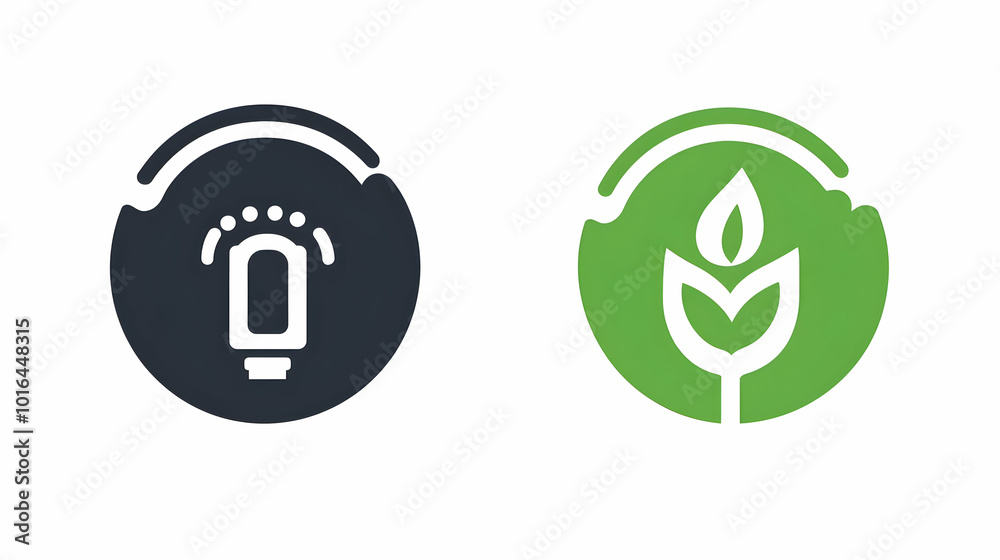 Two Circular Icons with a Lightbulb and Plant Symbol Two Circular Icons with a Lightbulb and Plant Symbol