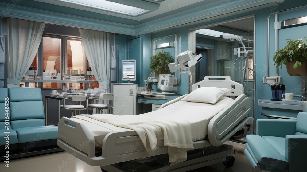 A hospital room with a bed and medical equipment. A hospital room with a bed and medical equipment.
