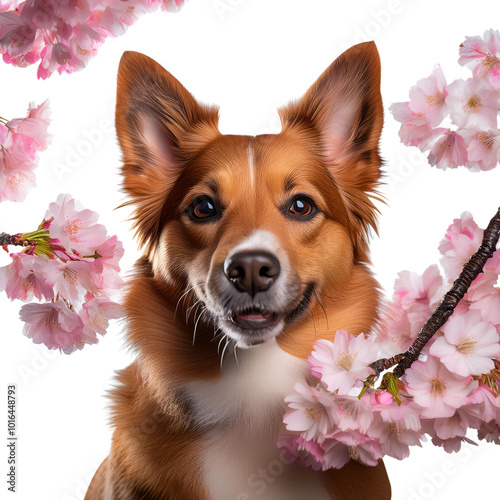 Happy dog surrounded by cherry blossoms transparent