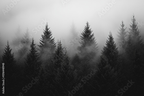 Black and white style of misty pine trees in a foggy forest, with a simple composition