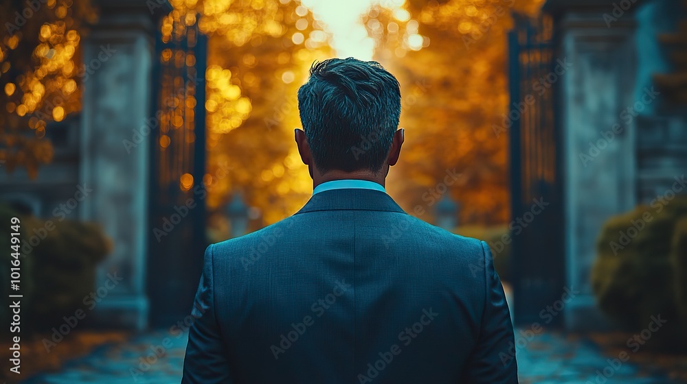 a confident businessman in a sharp suit pauses at the entrance of grand open gates leading to a path of opportunities symbolizing new ventures and strategic decisions in the corporate world a confident businessman in a sharp suit pauses at the entrance of grand open gates leading to a path of opportunities symbolizing new ventures and strategic decisions in the corporate world