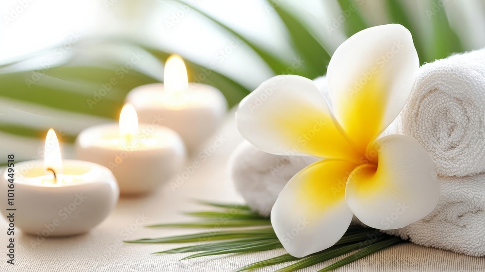 Serene spa setting with candles, towels, and a plumeria flower on a peaceful surface. Serene spa setting with candles, towels, and a plumeria flower on a peaceful surface.