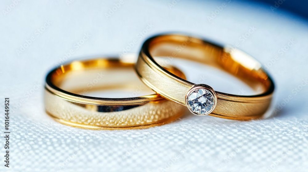 Two gold wedding bands, one with a diamond, rest on a white fabric surface. Two gold wedding bands, one with a diamond, rest on a white fabric surface.