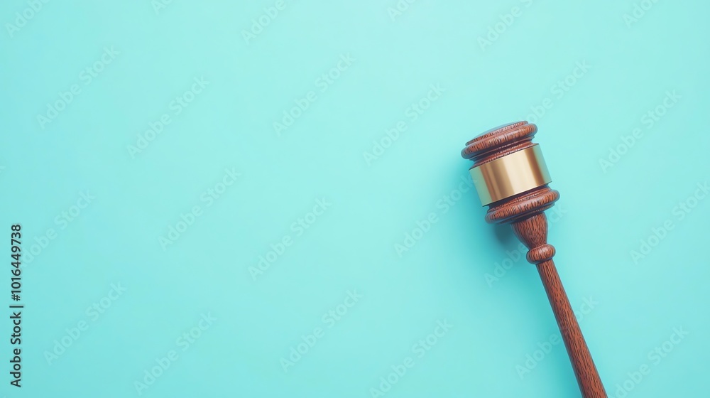 A wooden gavel with a gold band sits on a blue surface. A wooden gavel with a gold band sits on a blue surface.