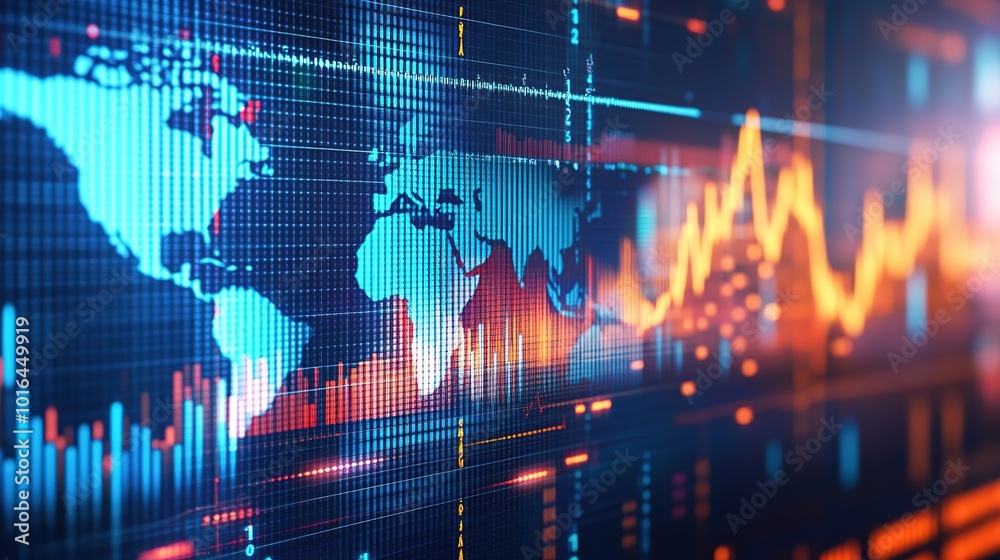 Close-up of digital world map with highlighted countries and trade routes, visualizing the impact of tariffs on global trade and rising economic tension through a graph. Close-up of digital world map with highlighted countries and trade routes, visualizing the impact of tariffs on global trade and rising economic tension through a graph.