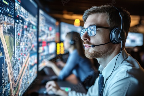 Call center control room specialist Talk into the headset while closely following the city streets and traffic lights on the big screen. Modern and high-tech environment