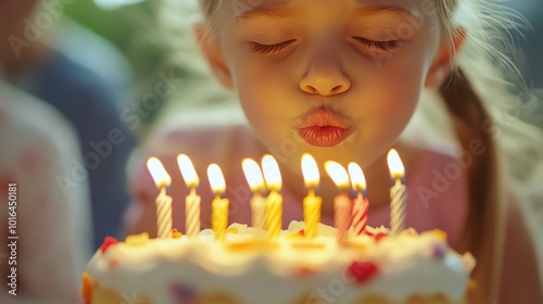 A little girl with blonde hair blows out candles on a birthday cake. photo