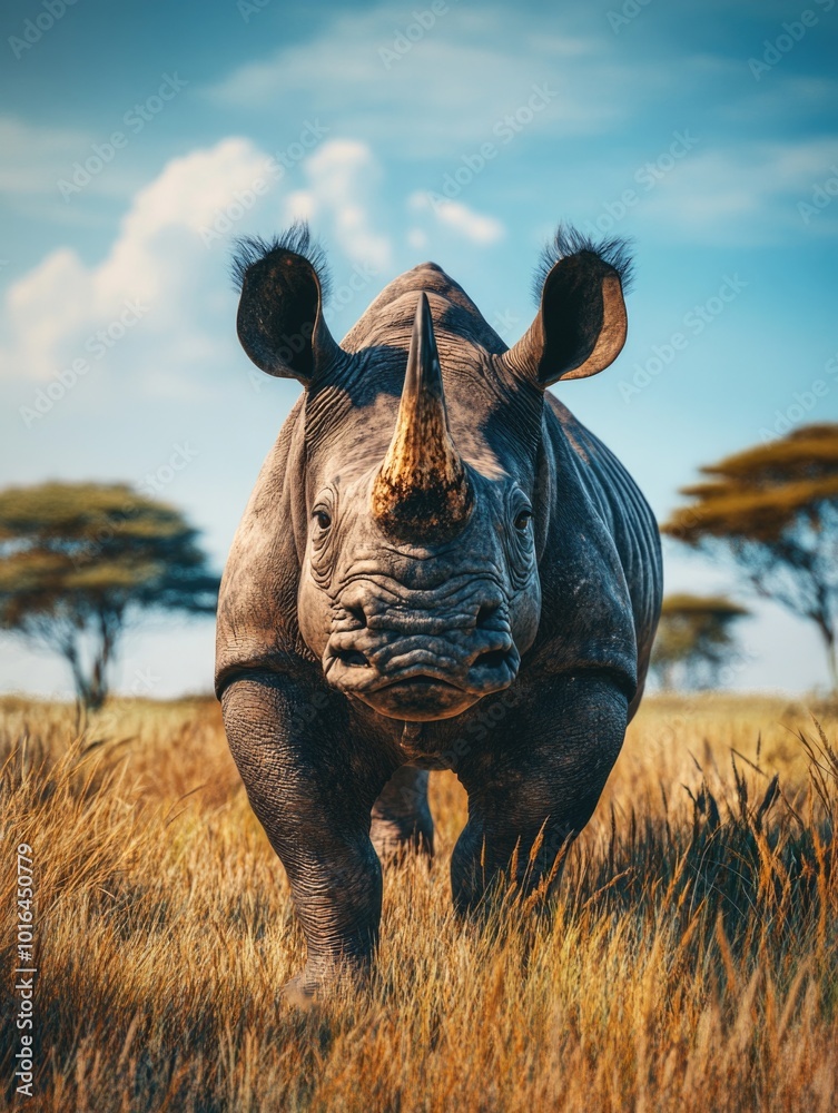 Fototapeta premium Rhinoceros Walking in Savannah