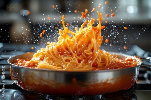 Pasta Flying Out Of A Pot On The Stove photo