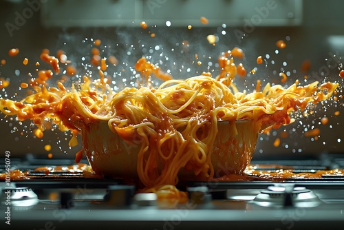 Pasta Flying Out Of A Pot On The Stove photo