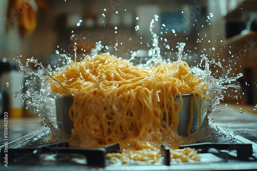 Spaghetti Flying Out Of A Boiling Pot, Water Splashing On The Stove, With Sauce Dripping From The Counter photo