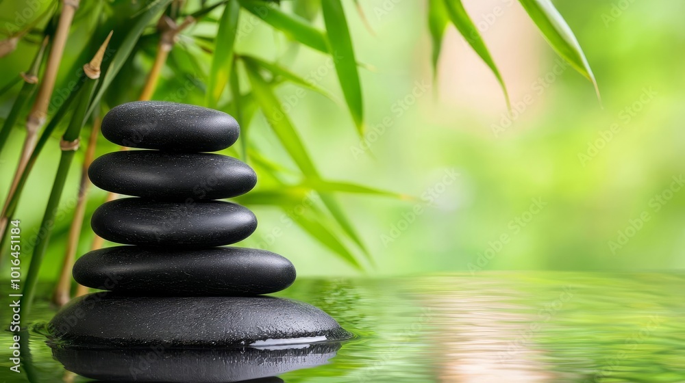 Obraz premium Stacked black stones with green bamboo leaves in a serene environment.