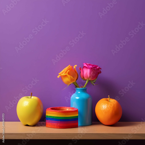 Vibrant LGBTQ+ Still Life with Colorful Elements and Fruit on Purple Background | Rainbow Pride Art | Contemporary Interior Design