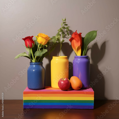 Bright Still Life with Blue Vase, Rainbow Object, Yellow Apple, Orange Fruit, and Roses on Bold Purple | LGBTQ+ Art | Home Decor