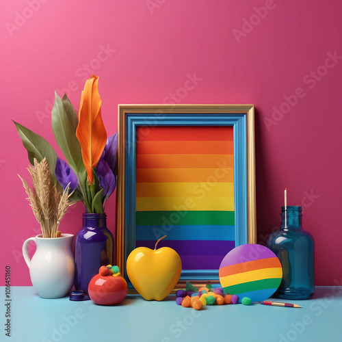 Colorful Still Life with Roses, Rainbow Object, Yellow Apple, Orange Fruit on Purple Background | LGBTQ+ Pride Art | Modern Interior Decor