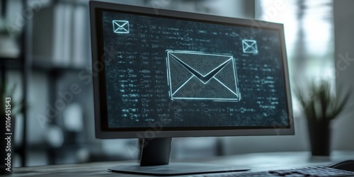 Email Interface Close-Up, desktop monitor showcasing an email with graphic symbol, minimalist white background, modern digital communication theme photo