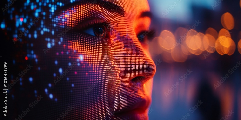 Pixelated visage on a holographic screen, blurred observer in the background, digital intrigue unfolds in a futuristic setting Pixelated visage on a holographic screen, blurred observer in the background, digital intrigue unfolds in a futuristic setting