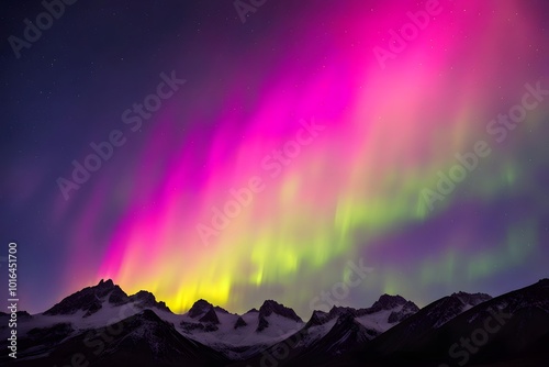 Mountains in silhouette with a bright yellow and pink aurora lighting the night, Ai Generated photo