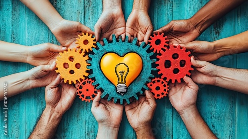 a diverse group of individuals are standing together united as they hold hands above them symbols of cogwheels a heart and a light bulb theme of teamwork love innovation and creativity.illustration