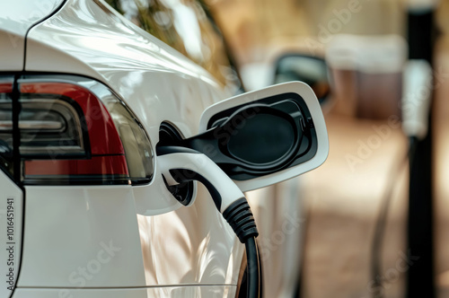 White electric car being charged at a charging station close up of the charger being plugged in