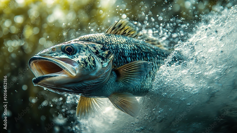 a dynamic image capturing the moment a black bass leaps energetically from the surface creating a dramatic splash symbolizing the thrill of sport fishing.illustration a dynamic image capturing the moment a black bass leaps energetically from the surface creating a dramatic splash symbolizing the thrill of sport fishing.illustration