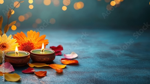 Colorful rangoli designs with vibrant flower petals and candles, traditional Diwali art, photo