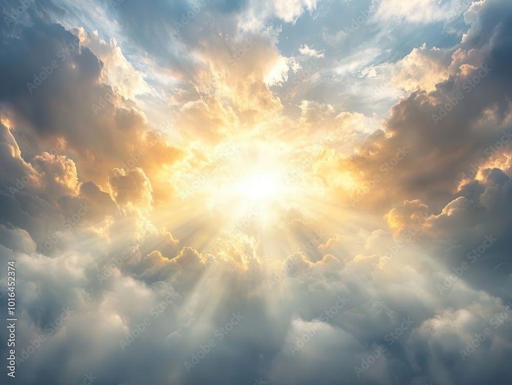 Fototapeta premium Dramatic clouds with sunlight breaking through, creating a beautiful sky scene.