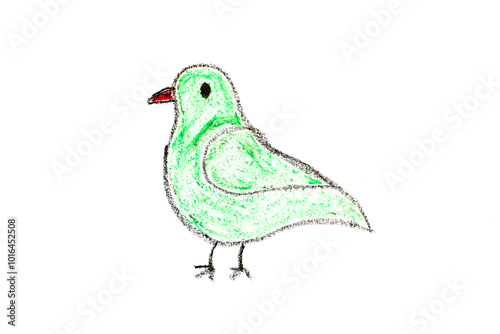 Color oil pastel hand drawing in bird shape on white paper background photo